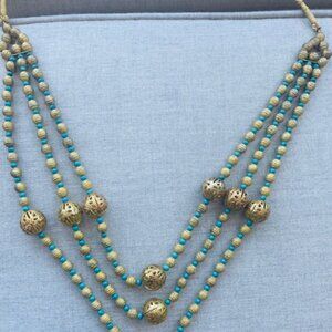 Unique Gold Platted Faux Turquoise Multi Layered Necklace